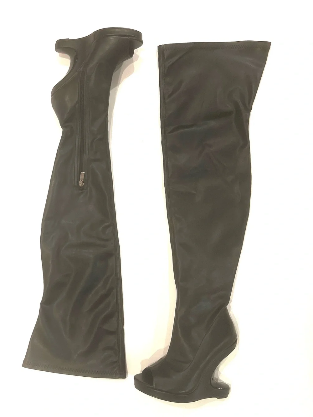 Pretty Little Thing Black Peep Toe Stretch Faux Leather Thigh High Wedge Boot 5